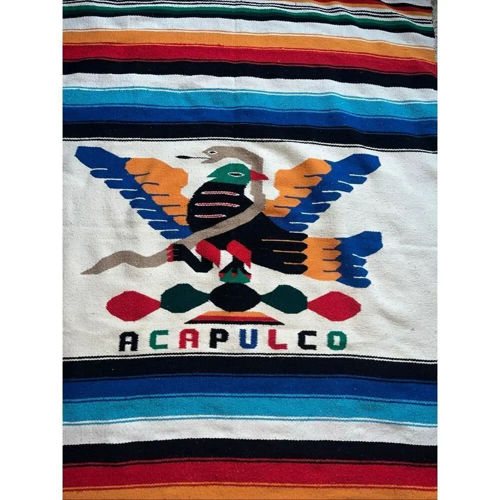 Vintage Mexican Serape Saltillo Woven Blanket Rug 80’/48’ Thunderbird with Snake